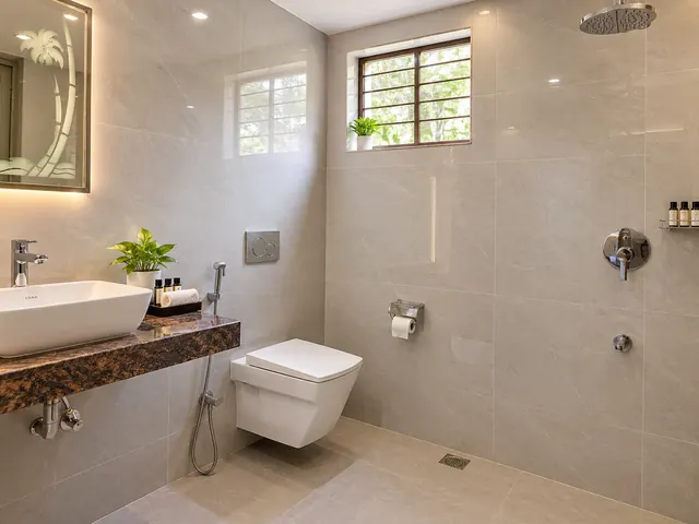 Clean modern resort bathroom with large stone-look tiles, a rain shower, wall-hung toilet and a vessel washbasin
